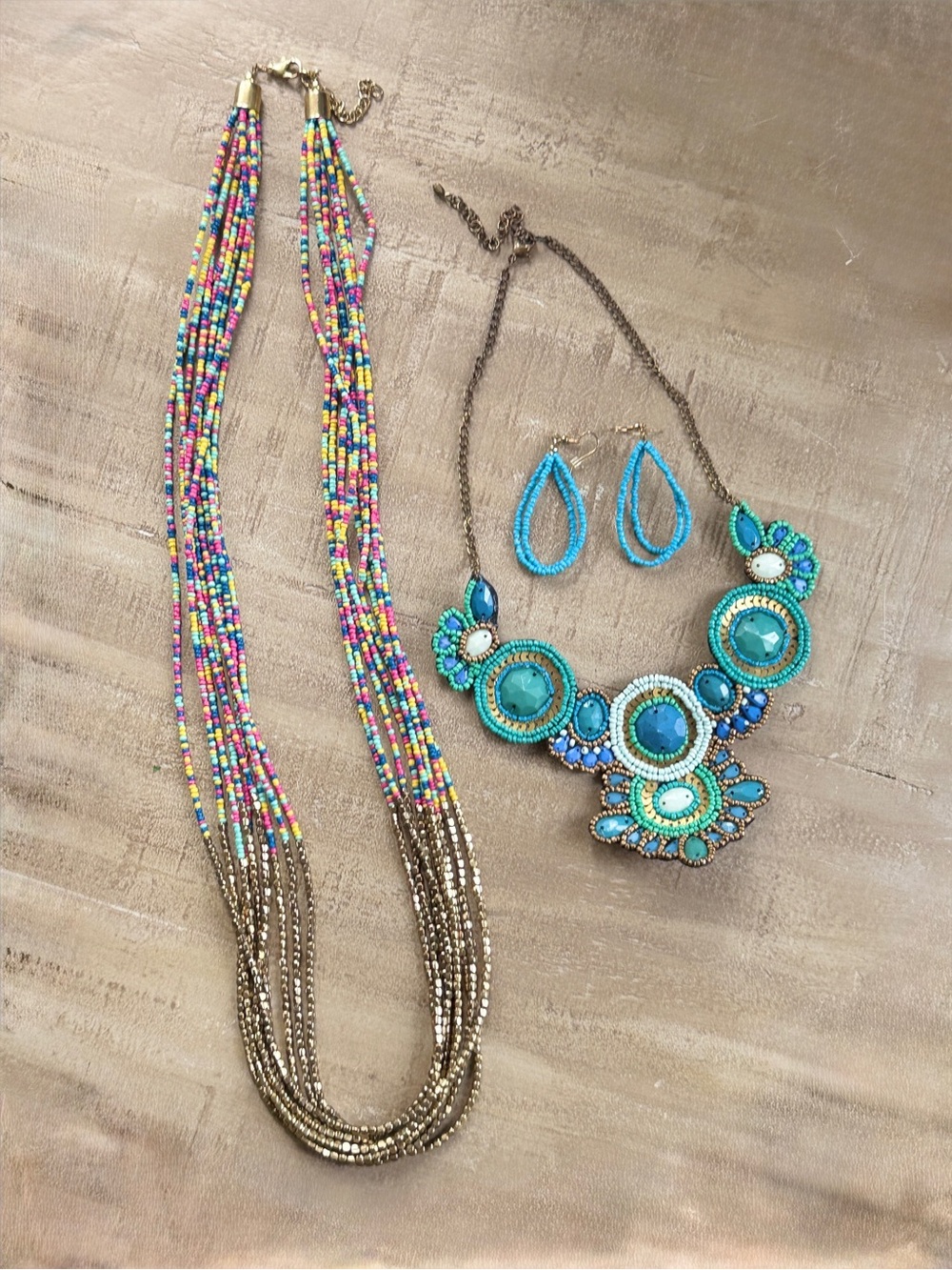 Pastel Seed Bead Artisan Statement Jewelry 4-Piece Necklace Earrings Bundle Lot